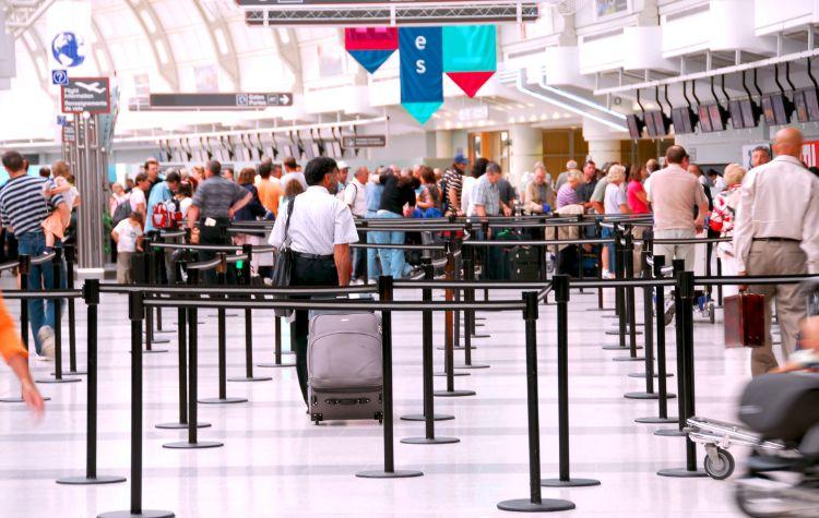 A busy security line at an airport