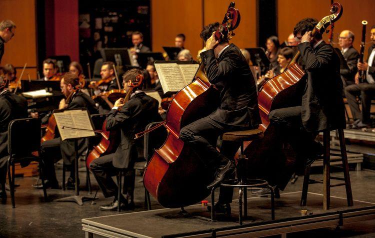 A symphony performing on stage