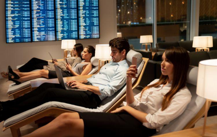 Airport lounge with chaise lounger chairs