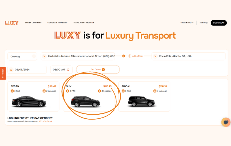 LUXY Ride home page with options of ride to choose from