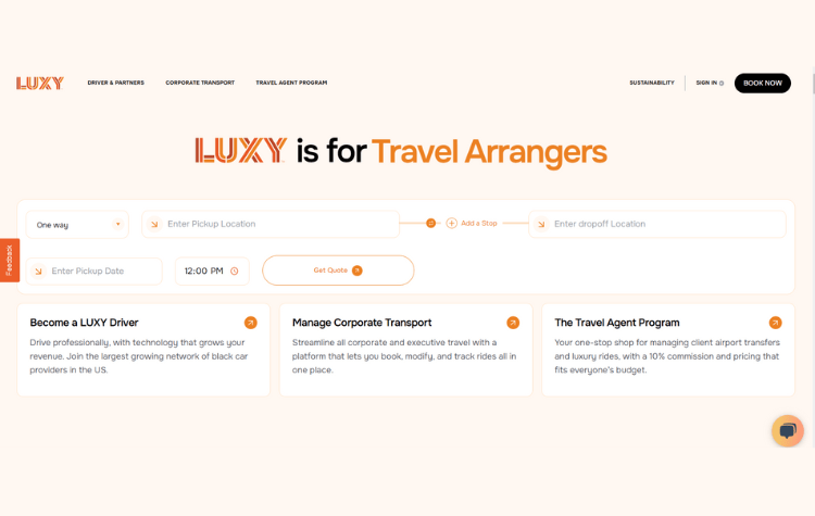 LUXY Ride Home page to book a car