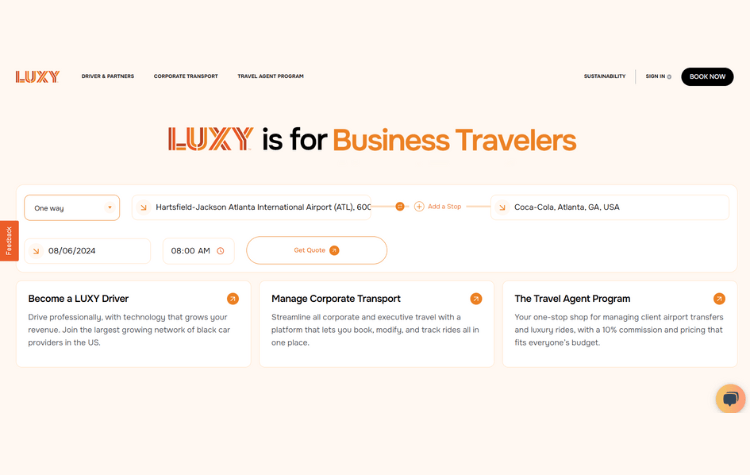 LUXY Ride home page, with location to book a ride